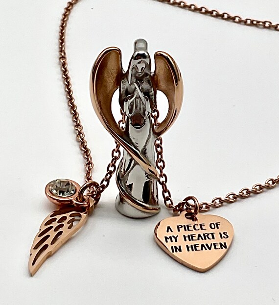 Collana Urna A Forma Di Cuore Con Ali D'angelo - Acciaio 316L Rosa E Oro Per Ceneri