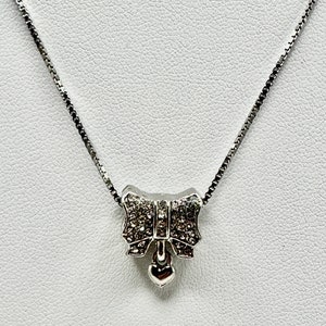 Bow Rhinestone Necklace Pendant with Dangling Heart  on an 18” 925 Sterling Silver Box Chain