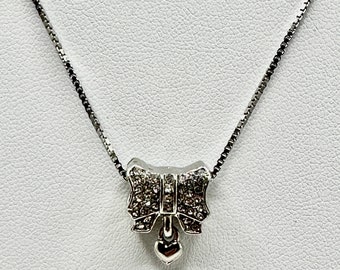 Bow Rhinestone Necklace Pendant with Dangling Heart  on an 18” 925 Sterling Silver Box Chain