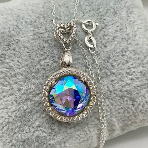 Genuine Periwinkle Illumine Colored Crystal Necklace Pendant with Heart Shaped Bail - 18” Sterling Silver