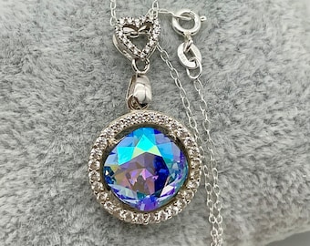 Genuine Periwinkle Illumine Colored Crystal Necklace Pendant with Heart Shaped Bail - 18” Sterling Silver