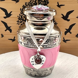 Pink Cremation Urn Necklace: Stainless Steel Heart Charm & Birthstone