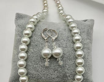 White Pearl Necklace 18” with Matching Earrings Wedding Bridal Prom Jewelry