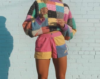Modello per maglione patchwork all'uncinetto, maglione a scacchiera (taglie XS-3XL) (download digitale)