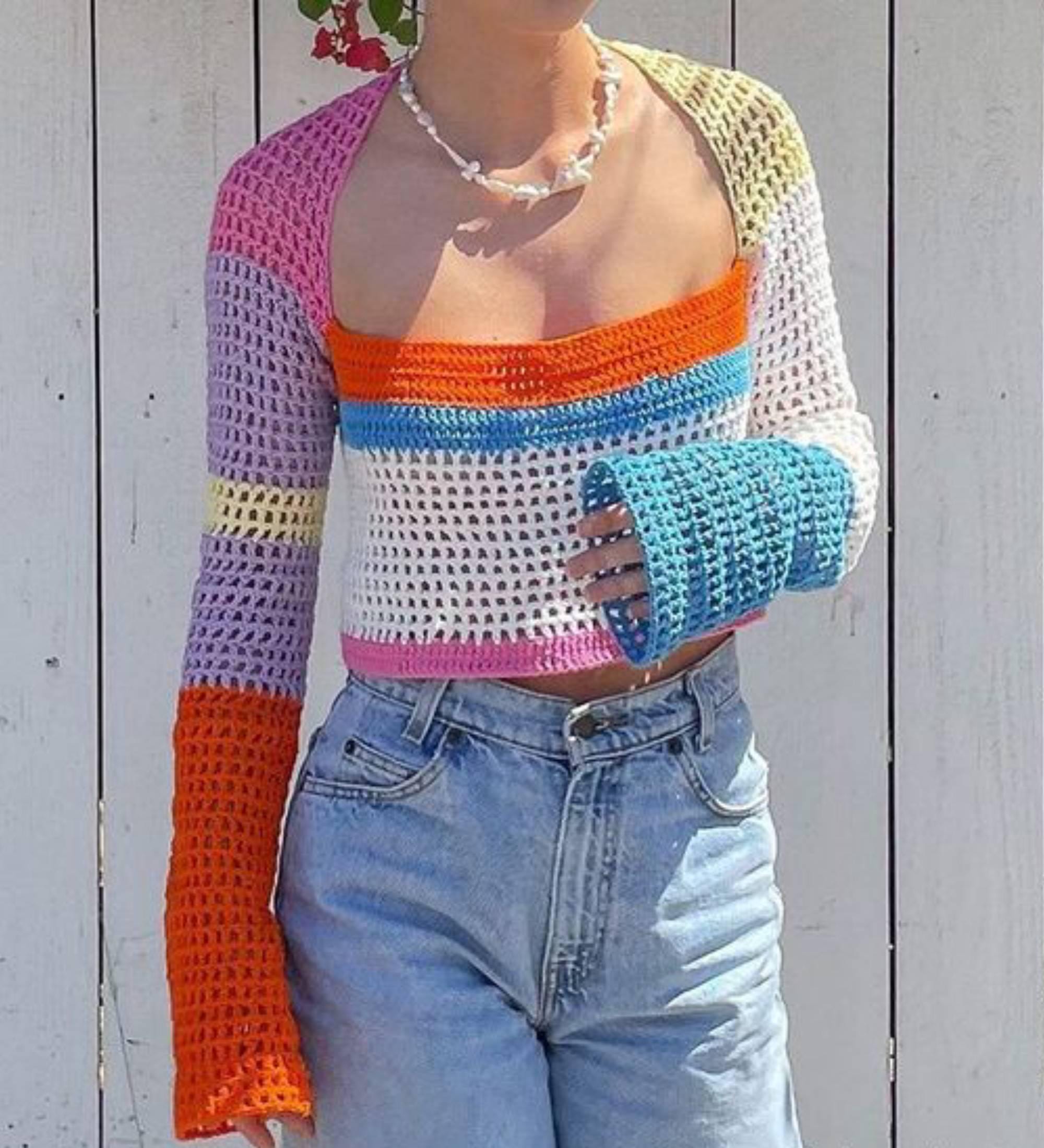 Crochet Colorblock Mesh Top Pattern PDF, Long Sleeve Sam and