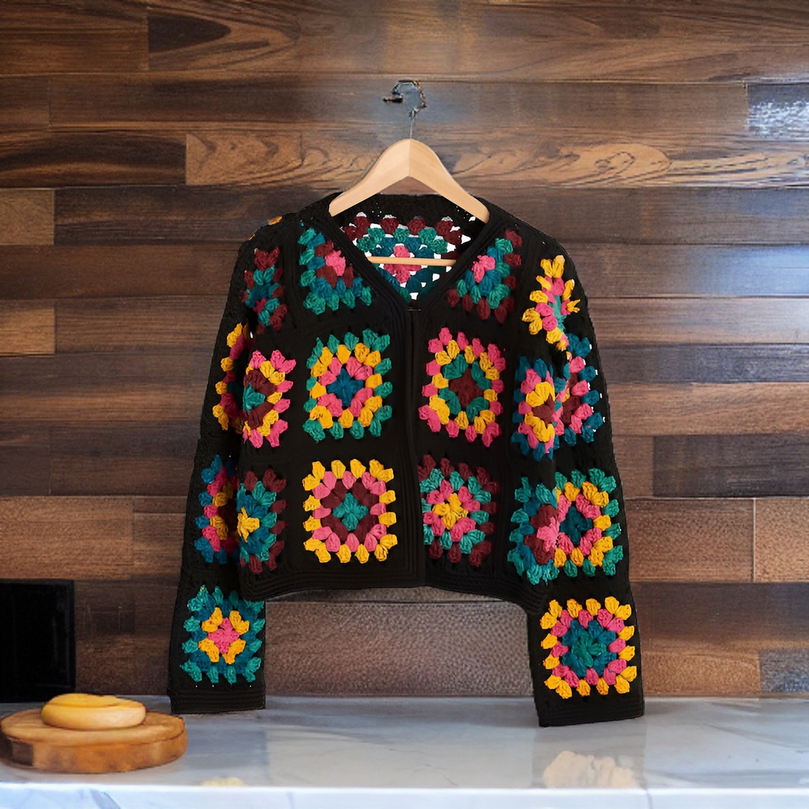 Crochet Granny Square Jacket, Black Granny Square Jacket