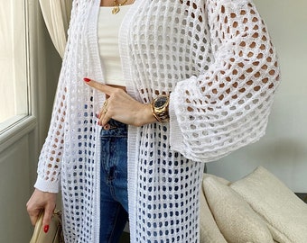 Modèle de cardigan en maille au crochet, motif filet à manches longues (PDF Conditions US)