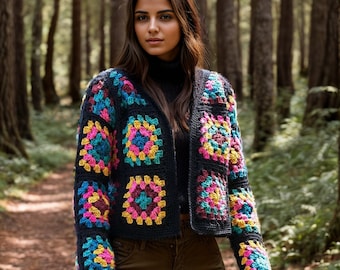 Crochet Granny Square Jacket, Black Granny Square Jacket Pattern, Crochet Jacket DIY pdf
