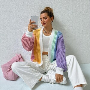 Modèle de cardigan coloré au crochet, veste facile au design arc-en-ciel, tailles S-4XL (PDF Conditions US) image 2