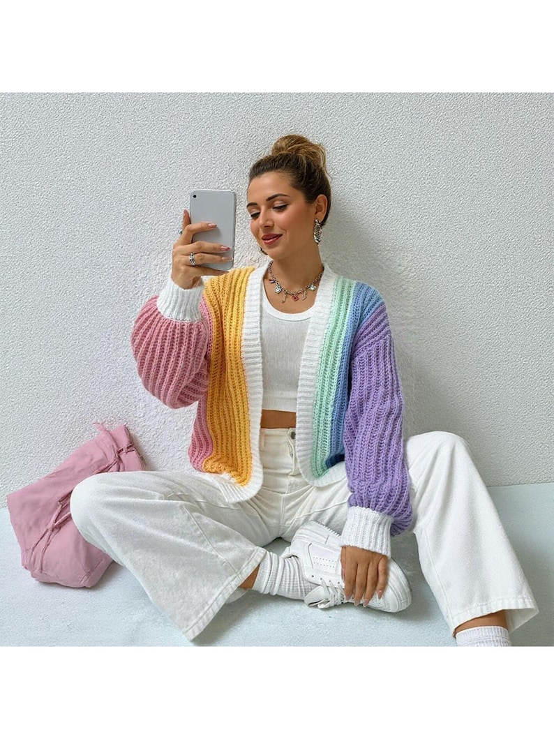 Modèle de cardigan coloré au crochet, veste facile au design arc-en-ciel, tailles S-4XL (PDF Conditions US) image 2