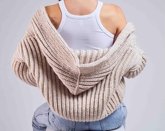 Hoodie Cardigan Crochet Pattern, Sizes S-3XL, Trendy Cardigan Crochet Pattern, Crochet Hooded Puffy Oversized Chunky Sweater