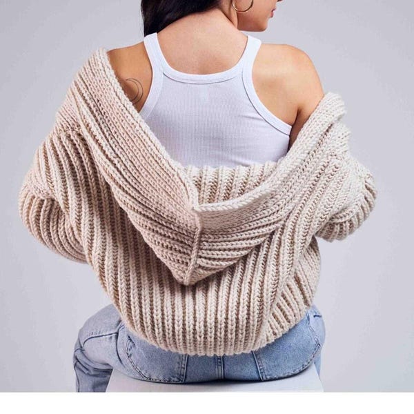 Hoodie Cardigan Crochet Pattern, Sizes S-3XL, Trendy Hooded Puffy Oversized Chunky Sweater (Eng PDF)
