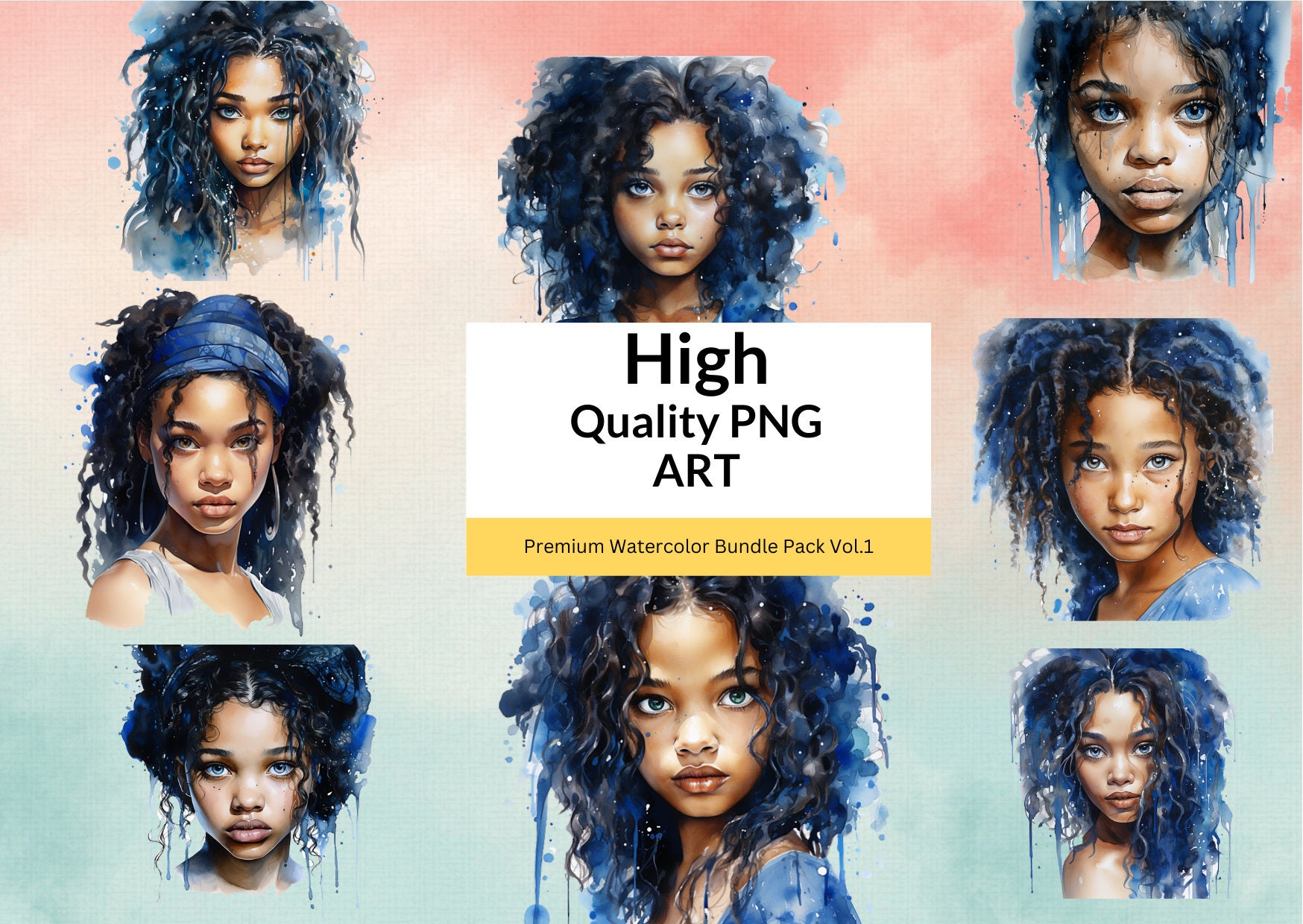 20 Watercolor Afro Black Girl Black Woman Bundle 300 Dpi Clipart PNG ...