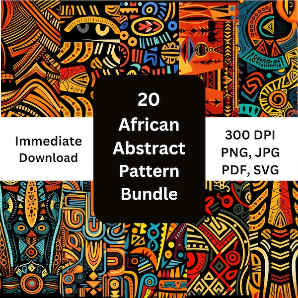 20 Papier africain numérique Motif abstrait Tissu wax Bundle | JPG, PNG et SVG | Album | 300 ppp | Textures de motifs | téléchargement instantané