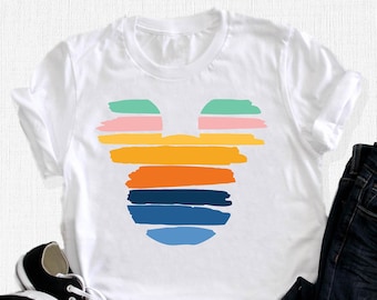 Camiseta Disney de Mickey con arcoíris, Conjunto de Mickey al atardecer, Regalo colorido de Mickey, Camiseta de viaje familiar, Camiseta de Mickey con pintura arcoíris, Mouse unisex