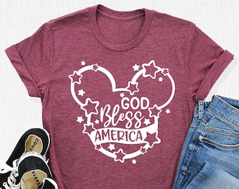 God Bless America Shirt, Disneyworld T-Shirt, Disney Mouse Gifts, Mickey Ear Tee, Patriotic Shirt, Mickey Head Shirt, Independence Day Shirt