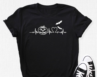 Camiseta de Halloween con latido de corazón, camiseta para amantes de las calabazas, camiseta de murciélagos de Halloween, atuendo de Halloween aterrador, regalos de Halloween Life Line, camiseta de temporada espeluznante