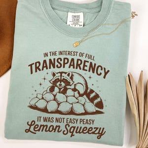 May include: A light blue t-shirt with the text "IN THE INTEREST OF FULL TRANSPARENCY" and "IT WAS NOT EASY PEASY Lemon Squeezy". The graphic features a raccoon on a pile of lemons. A gold necklace is draped on the shirt.