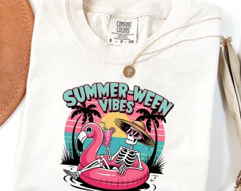 Comfort Colors® Summer-Ween Vibes T-Shirt, Cute Summerween Shirt, Funny Skeleton Pool Float Tee, Halloween In Summer Shirt, Spooky Beach Top