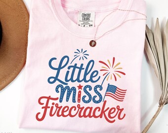 Comfort Colors® Little Miss Firecracker T-Shirt, Fourth Of July Kids Shirt, Patriotic Girl Shirt, Red White Blue Fireworks Shirt, Summer Tee