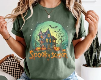 Comfort Colors® Haunted House Halloween Tee, Retro Pumpkin Shirt, Fall Graphic Tee, Trick or Treat Shirt, Halloween Shirt, Spooky Season Tee