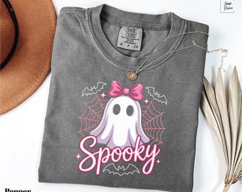 Comfort Colors® Pink Ghost Halloween Shirt, Girly Spooky Season Tee, Aesthetic Ghost Tee, Halloween Ghost with Bow, Pastel Spooky