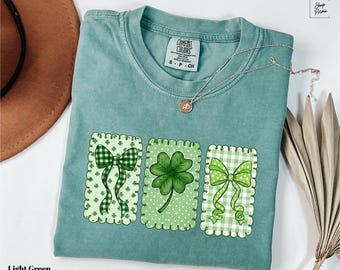 Comfort Colors® Clover and Bow Shamrock T-shirt, Lucky Charm Tee, St. Patty's Gift T-shirt, St Patrick's Coquette Bow Tee, Coquette Bow Tee