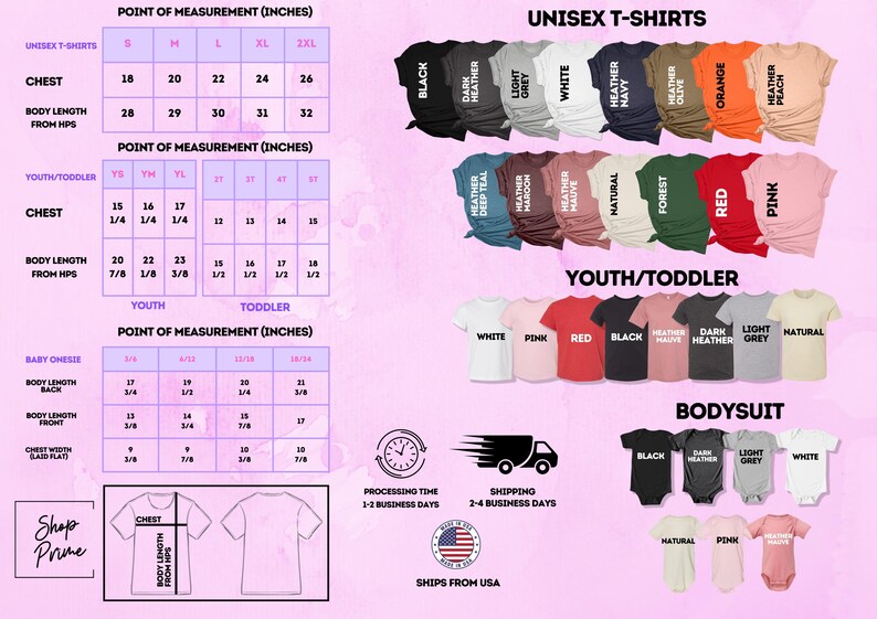 a pink background with a chart of different types of t - shirts
