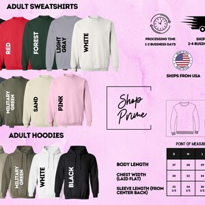 The image is a collage of various adult sweatshirts and hoodies, each with different colors and sizes, along with information about the products and their measurements.