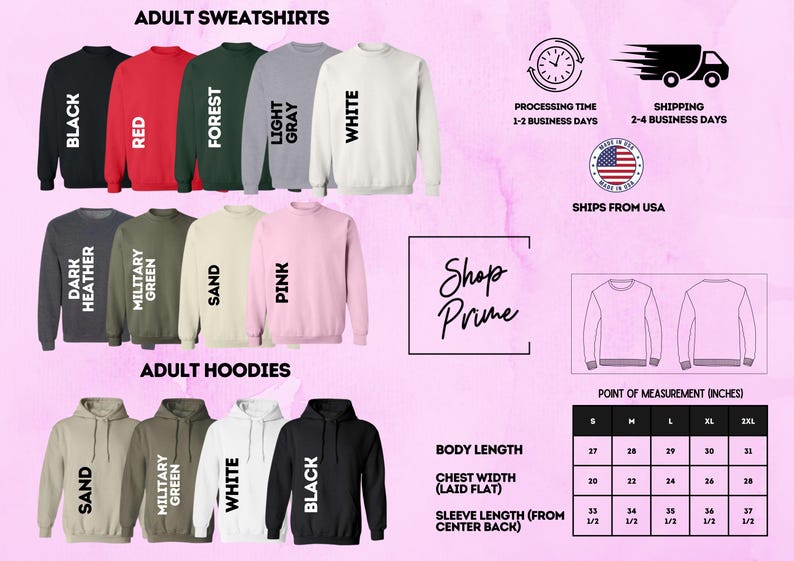 The image is a collage of various adult sweatshirts and hoodies, each with different colors and sizes, along with information about the products and their measurements.