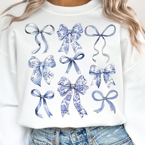 7 Laço Chinoiserie Azul e Branco, Padrões Florais Vintage, Pacote PNG, Coquette Blue Willow Sublimation, PNG, Chinoiserie da Moda PNG
