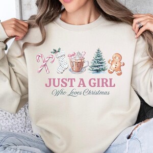 Just A Girl Who Loves Christmas Sweatshirt - Cute Tree & Coffee Graphic Long Sleeve Crewneck