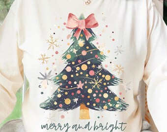 Merry & Bright Watercolor Christmas Tree PNG Retro Pastel Single Line Doodle SVG Coquette Christmas Digital Design for Sublimation DTF