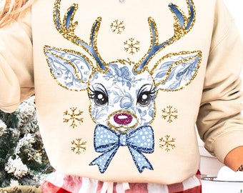 Grand millennial Colorful Glitter Christmas Reindeer Png Reindeer Christmas Png Christmas Coquette Bow Toile Christmas Png brushstroke Png