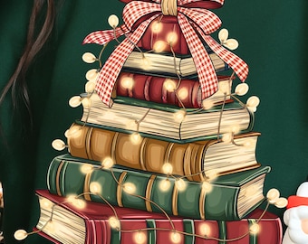 Christmas Book Tree PNG Teacher Christmas Shirt Design Librarian Sublimation Retro Holiday Reading TreeCozy Book Lover PNG Bookmas Shirt