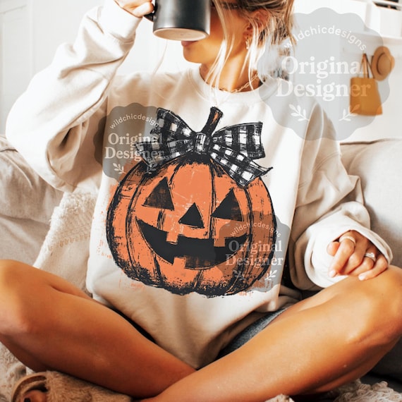 Retro Preppy Fall Pumpkin png, Halloween Jack O’ Lantern png, Ditsy Floral, Girly Autumn png, Checkered bow png, Checkered Halloween Png