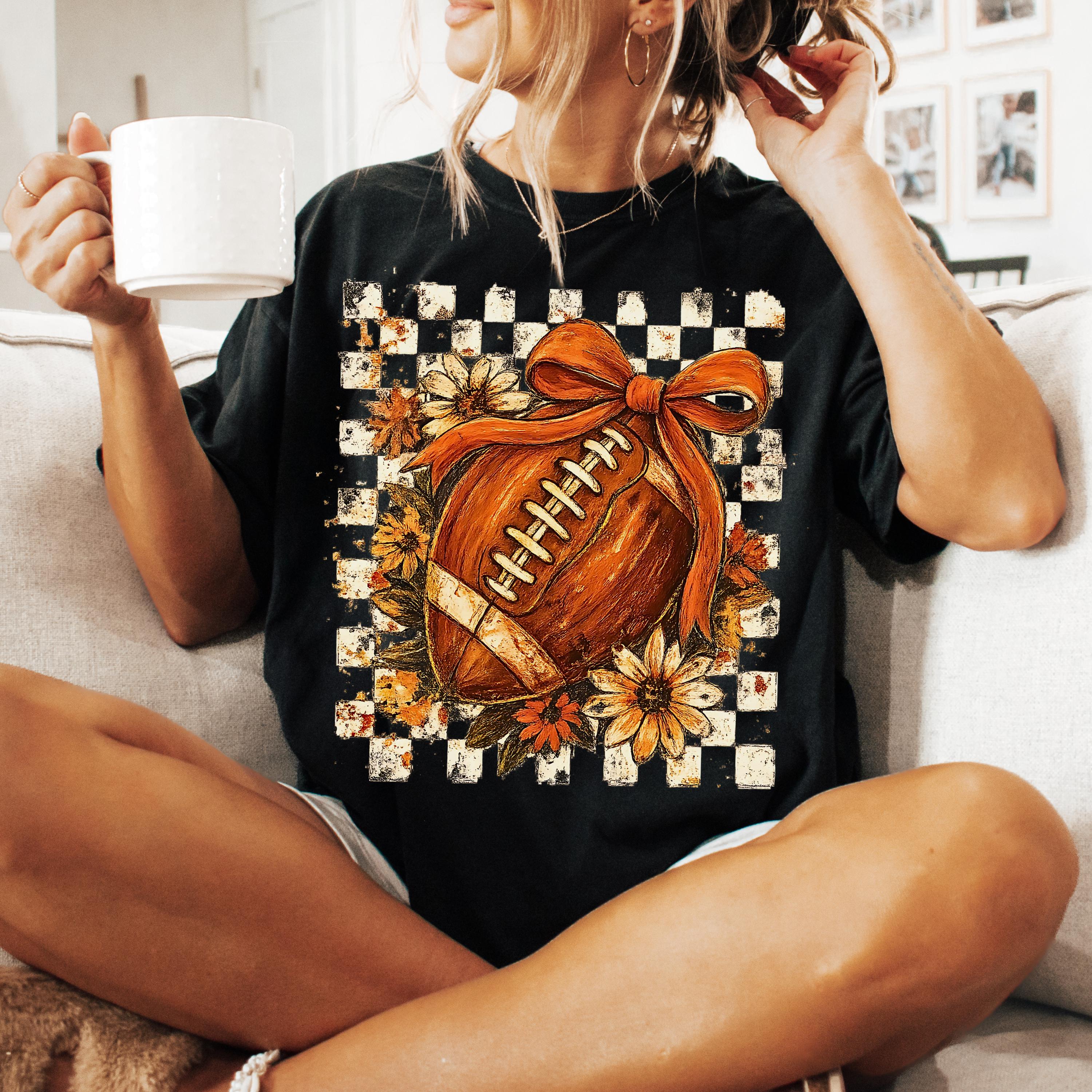 Fall Checker Football Png, Game Day Png Fall Vibes Png, Autumn Png Boho Floral Football Png Touchdown Season Png, Coquette Football Bow Png