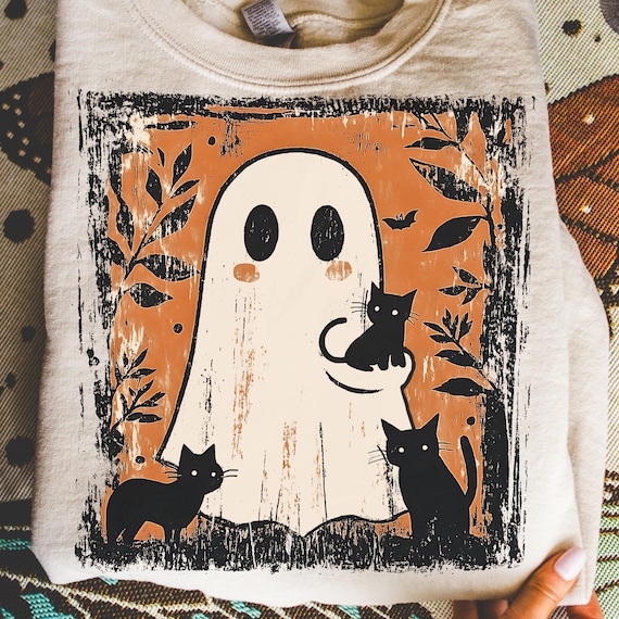 Retro Halloween Ghost And Cat Png, Spooky Ghost Png, Preppy Floral Halloween Png, Boo Halloween Png, Funny Halloween Png, Black Cat Png