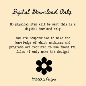 Puede incluir: Gr&aacute;fico de descarga digital de color crema con el texto "Digital Download Only". El texto explica que no se enviar&aacute; ning&uacute;n art&iacute;culo f&iacute;sico y que el comprador es responsable del software necesario. Tambi&eacute;n hay un gr&aacute;fico de flores negras y el texto "Wild Chic Designs".