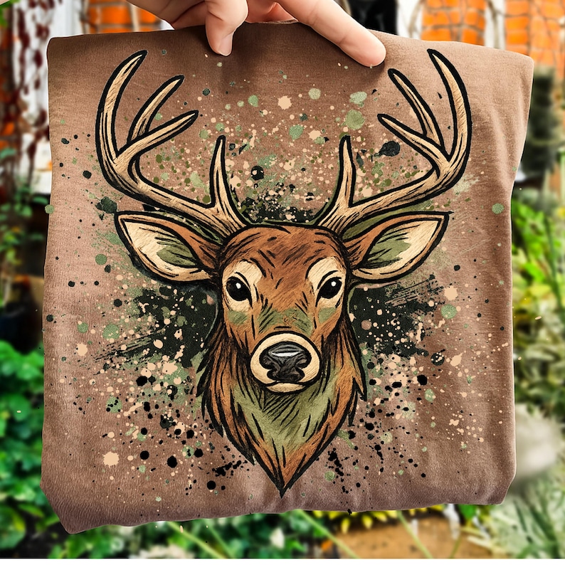 以下が含まれることがあります： 茶色のTシャツ。鹿の頭と角の精巧なイラストが描かれています。鹿は茶色、ベージュ、緑色で描かれ、迷彩柄の背景が施されています。デザインはTシャツの中央に配置されています。