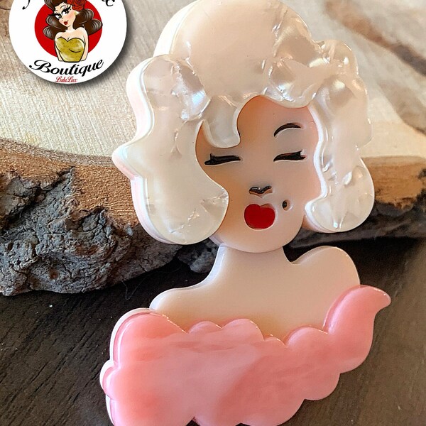 Lux Lazer Cut Molted Acrylic Iconic “ Marilyn Monroe “ Custom Retro Brooch/ Peachy Pink Pearl / Vintage/ Retro / Modern/ Brooch