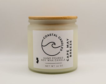 Cape May Breeze Coastal Candle Natural Home Fragrance Eco-Friendly Soy Wax Sustainable Living 10oz Frosted Glass Jar Tranquil Aromatherapy