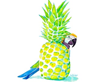 Pineapple Parrot Art Print: Tropical Island Watercolor