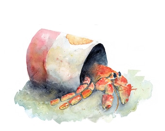 Hermit Crab Watercolor Art Print: Beach Life Seashore Artwork