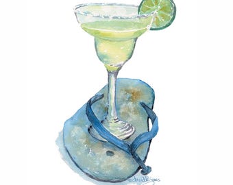 Flip Flop Margarita Watercolor Art Print by David K. Jones | Tropical Beach Decor inspired by Jimmy Buffett Margaritaville