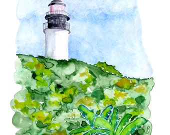 Key West Lighthouse Watercolor Print, Tropical Florida Coastal Wall Art by David K. Jones