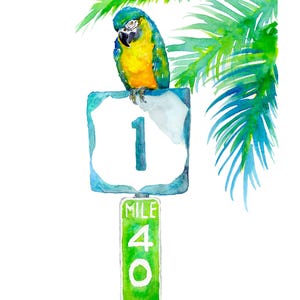 Jimmy Buffett inspired watercolor art print, A Parrot Looks at 40 by David K Jones. A blue and yellow macaw sits on a US 1 highway shield above a green Mile Marker 40 sign, surrounded by tropical palm leaves in a coastal Florida Keys style.