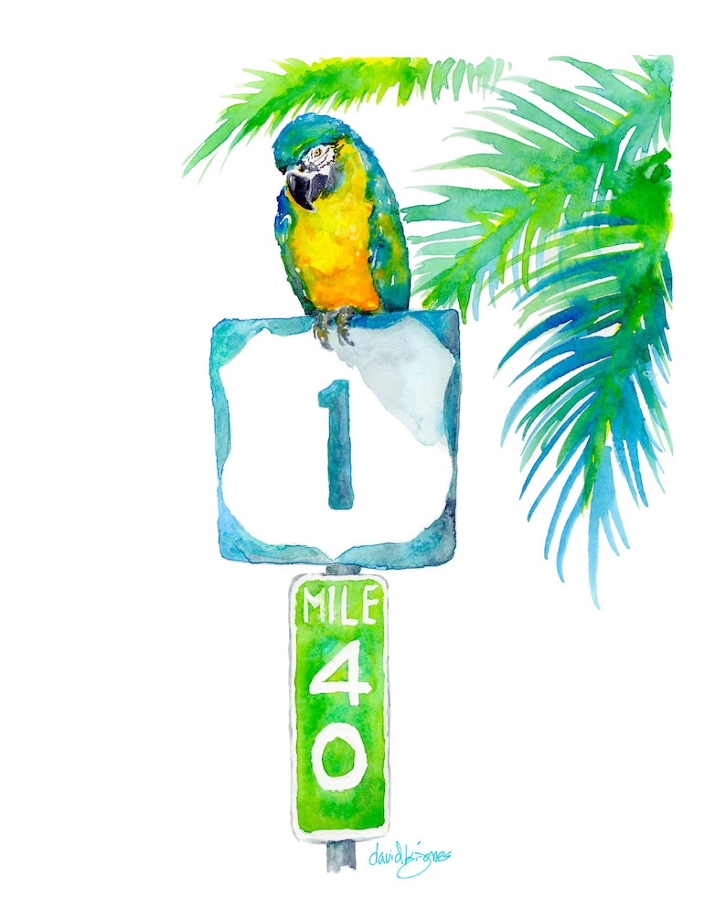 Jimmy Buffett inspired watercolor art print, A Parrot Looks at 40 by David K Jones. A blue and yellow macaw sits on a US 1 highway shield above a green Mile Marker 40 sign, surrounded by tropical palm leaves in a coastal Florida Keys style.
