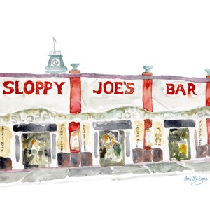 Key West Sloppy Joe&#39;s Bar Watercolor Art Print: Tropical Tiki Bar Decor