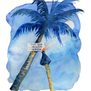 Tiki Bar Always Open, watercolor print, bar art, tropical art, wall decor, beach style, coastal living, Jimmy Buffett, Parrothead, Thank God